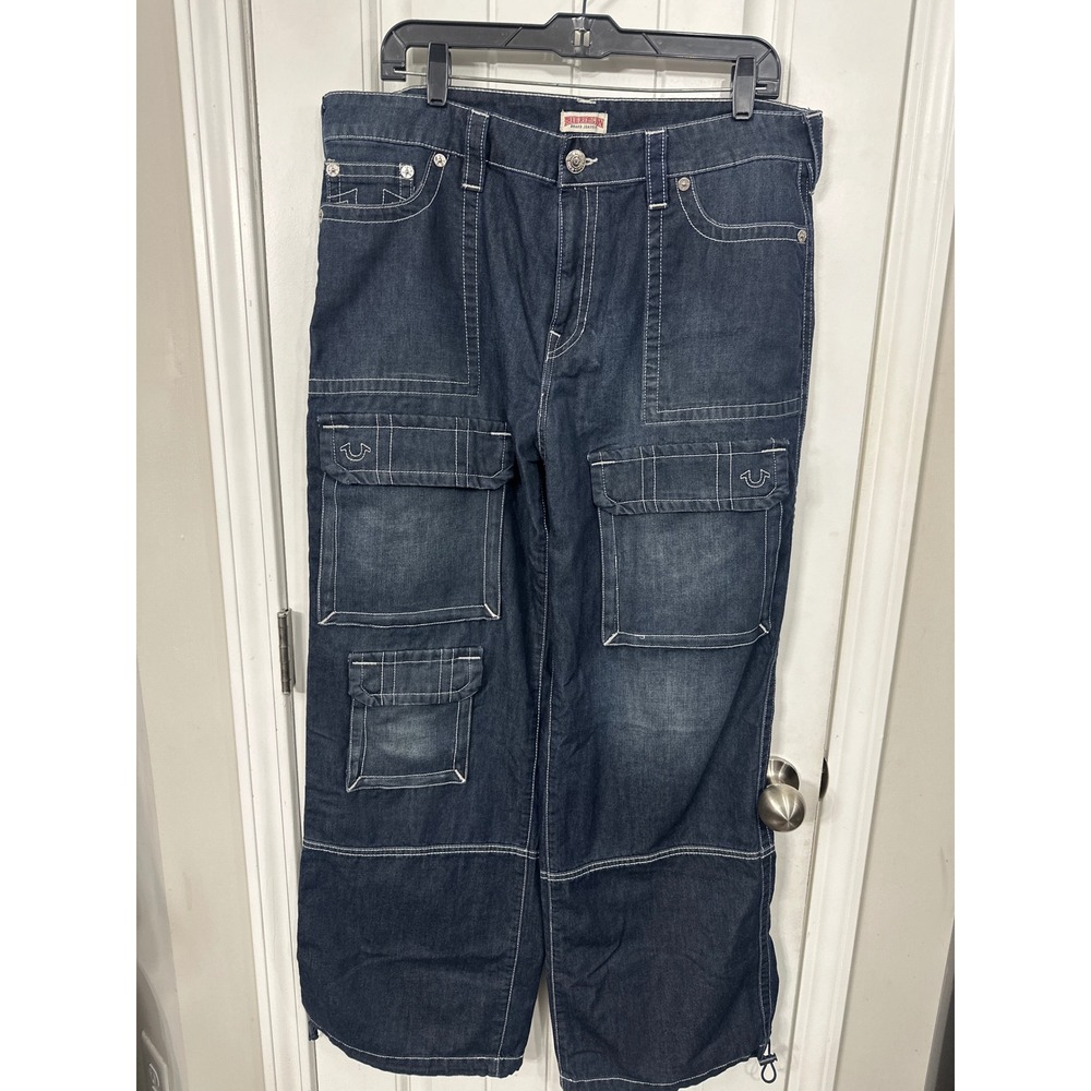 True Religion Bobbi Baggy Cargo Jeans Mens 33 Indigo Blue White Stitch Wide Leg